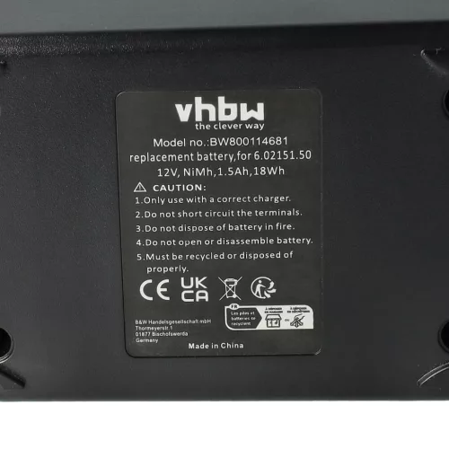 VHBW Electric Tool Battery Metabo 6.02151.50, 6.25473 - 1500 mAh 12 V NiMH