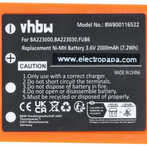 VHBW Fernbedienungsakku BA223031, BA223001, BA223000, BA223030 - 2000 mAh 3,6 V NiMH