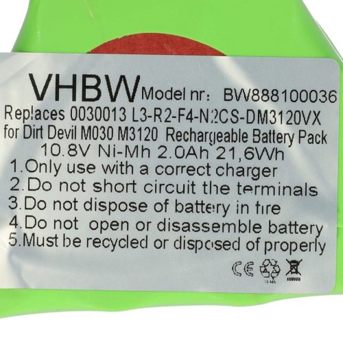 VHBW Akku Dirt Devil 0030013, L3-R2-F4-N2 - 2000 mAh, 10,8 V, NiMH