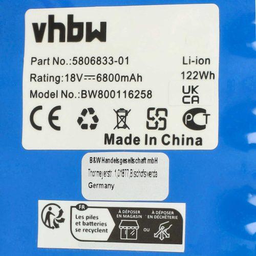 VHBW Battery Husqvarna 580 68 33-01, 580683301, 5806833-01, 580683302 - 6800 mAh 18 V Li-Ion