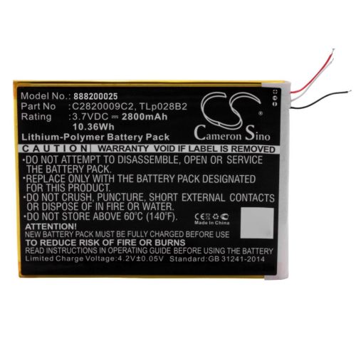 VHBW Battery for Tablet Alcatel TLp028BD, TLp028B2, C2820009C2, TLp028BC - 2800 mAh 3.7 V Li-Polymer