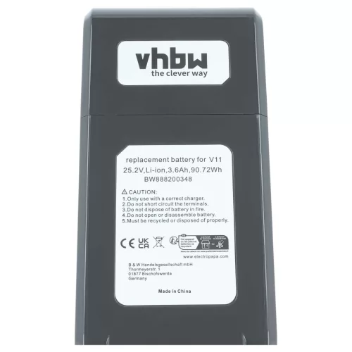 VHBW Battery for Dyson 970145-02, 299820 - 3600 mAh, 25.2 V, Li-Ion