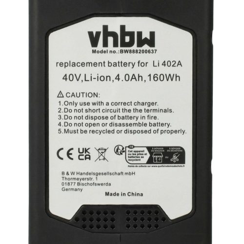 VHBW Electric Power Tool Battery McCulloch 00058-26.117.01, 582611701, LI-402A – 4000 mAh, 40 V, Li-Ion