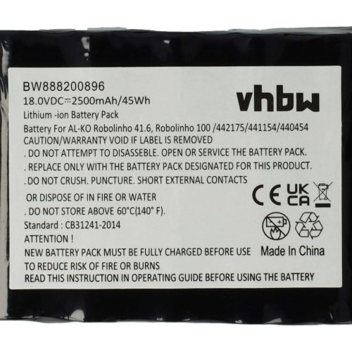 VHBW AL-KO Lawn Mower Battery 442632, 442196, 442175, 440454, 441154, 440629 - 2500 mAh 18 V Li-Ion