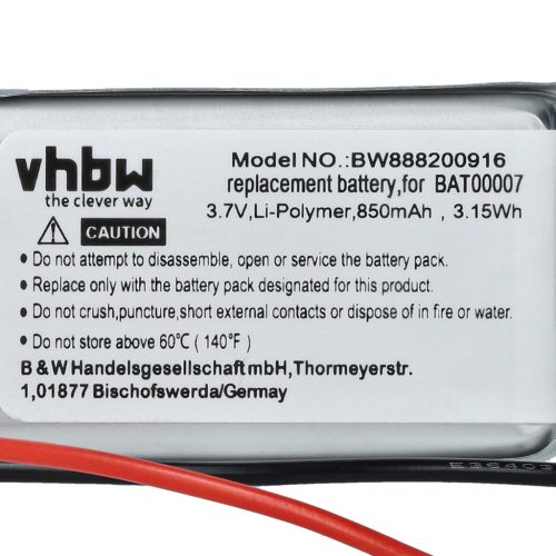 VHBW Wireless Headset Battery Cardo BAT00007 - 850 mAh 3.7 V Li-polymer