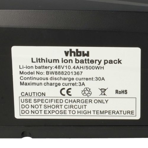 VHBW Down Tube Battery + Charger for E-Bike, Li-Ion, 48V, 10.4Ah, Black