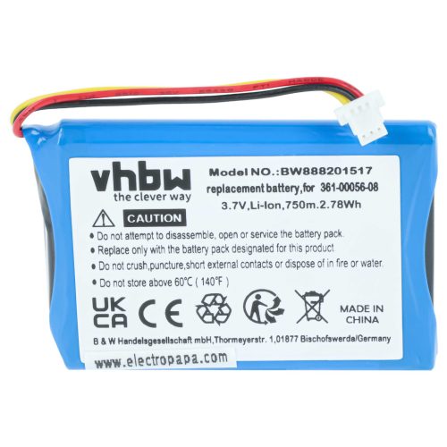 VHBW GPS Battery Garmin 361-00056-00, 361-00045-00, 1ICP5/34/45, 1ICP4/34/5, 361-00056-08 - 750 mAh 4.2 V Li-polymer