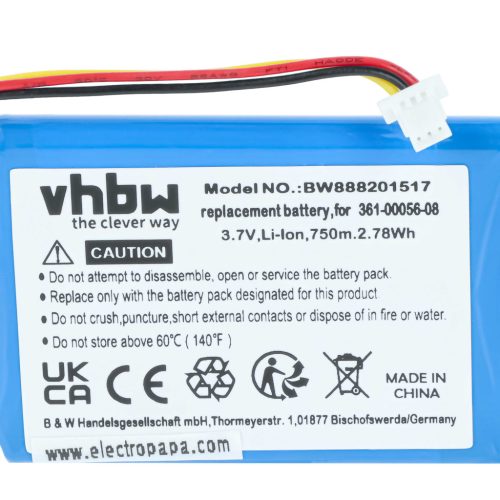 VHBW GPS Battery Garmin 361-00056-00, 361-00045-00, 1ICP5/34/45, 1ICP4/34/5, 361-00056-08 - 750 mAh 4.2 V Li-polymer