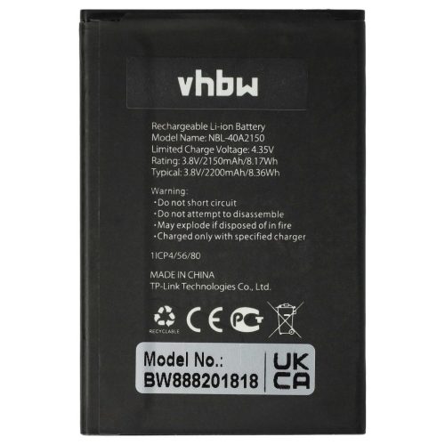 VHBW Mobile Phone Battery for Neffos/TP-Link NBL-40B2150, NBL-40A2150 - 2050 mAh 3.8 V Li-Ion - Smartphone Battery