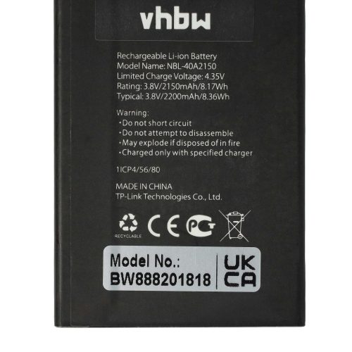 VHBW Mobile Phone Battery for Neffos/TP-Link NBL-40B2150, NBL-40A2150 - 2050 mAh 3.8 V Li-Ion - Smartphone Battery