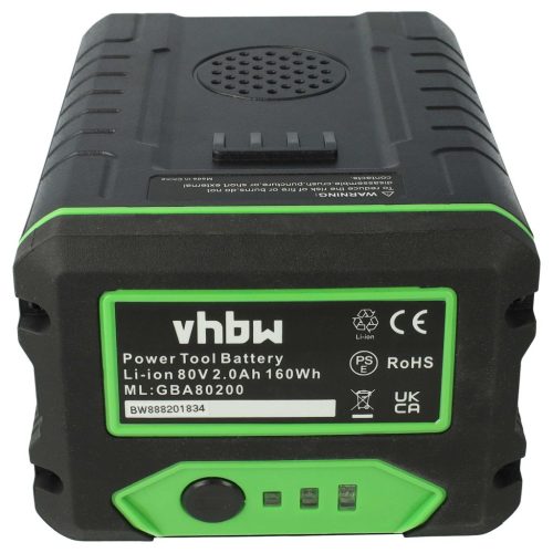 VHBW Lawn Mower Battery Greenworks 2901307, 2901302, 2902407, 2901207 - 2000 mAh 80 V Li-Ion, black