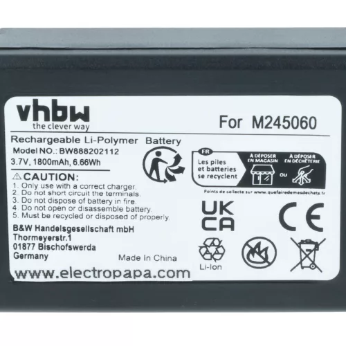 VHBW Fernbedienung Akku M245060, 22.381.2, D00004-02 - 1800 mAh 3,7 V Li-Polymer