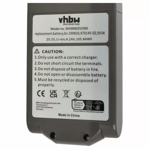VHBW Battery for Dyson 970145-02, 299820 - 4200 mAh, 25.2 V, Li-Ion