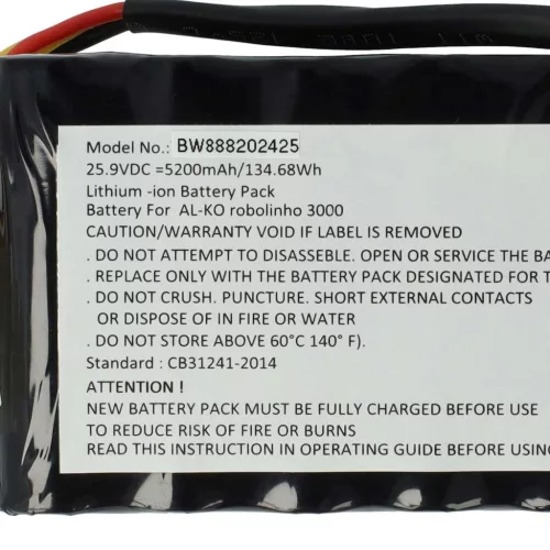 VHBW Al-Ko Lawn Mower Battery 440530, 441188, 474011, 441347, 20196003 - 5200mAh 25.9V Li-Ion