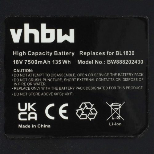 VHBW Kéziszerszám akkumulátor / akku Makita BL1830 18V, Li-Ion 7500mAh