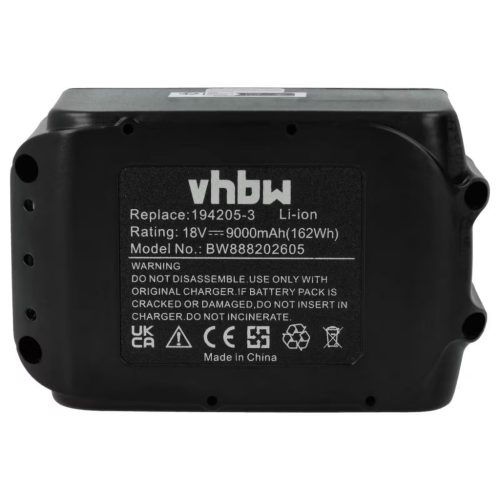 VHBW Electric Power Tool Battery for Makita 194309-1, 194230-4, 194205-3, 194204-5 - 9000 mAh, 18 V, Li-Ion