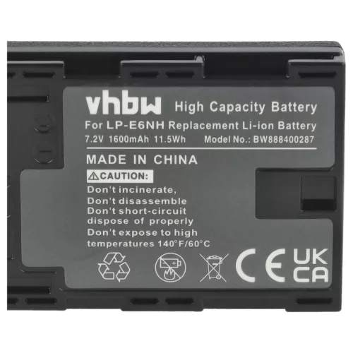 VHBW Akku Canon LP-E6, LP-E6NH - 1600 mAh 7,2 V Li-Ion