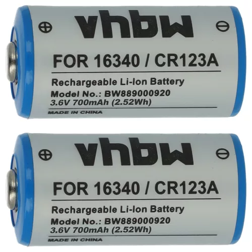 VHBW Akku 16340, DL123A, CR123R, CR17335, EL123AP, K123LA, CR17345, CR123A - 700 mAh 3,6 V Li-Ion