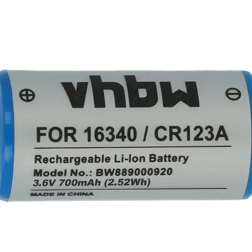 VHBW Akku 16340, DL123A, CR123R, CR17335, EL123AP, K123LA, CR17345, CR123A - 700 mAh 3,6 V Li-Ion