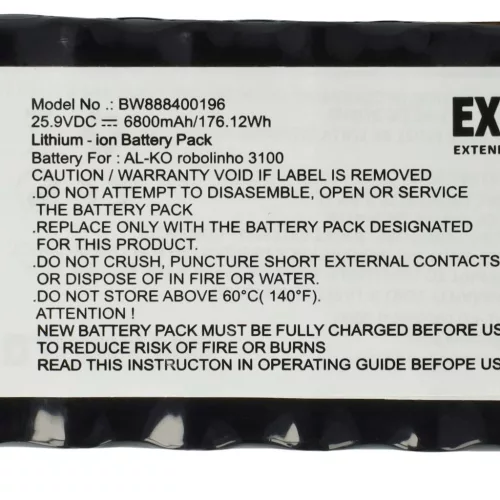 VHBW AL-KO Lawn Mower Battery - 440530, 441347, 441188, 20196003, 474011 - 6800 mAh 25.9 V Li-Ion