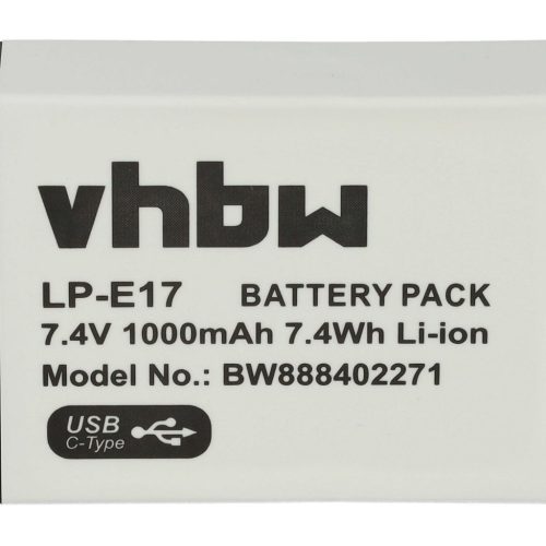 VHBW Canon LP-E17 Akku - 1000 mAh, 7,4 V, Li-Ion, mit USB C Anschluss