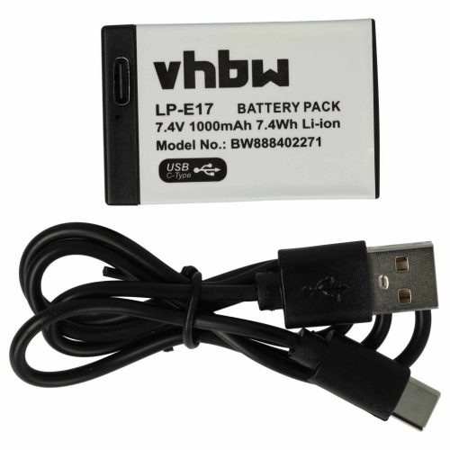 VHBW Canon LP-E17 Akku - 1000 mAh, 7,4 V, Li-Ion, mit USB C Anschluss