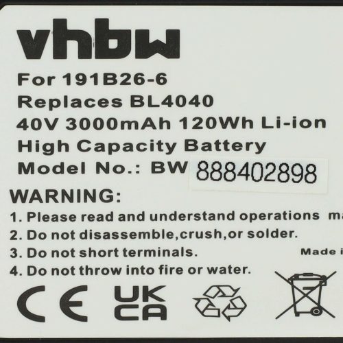 VHBW Electric Power Tool Battery Makita 191X65-8, 191B36-3, 191B26-6, 191L29-0 - 3000 mAh, 40 V, Li-Ion