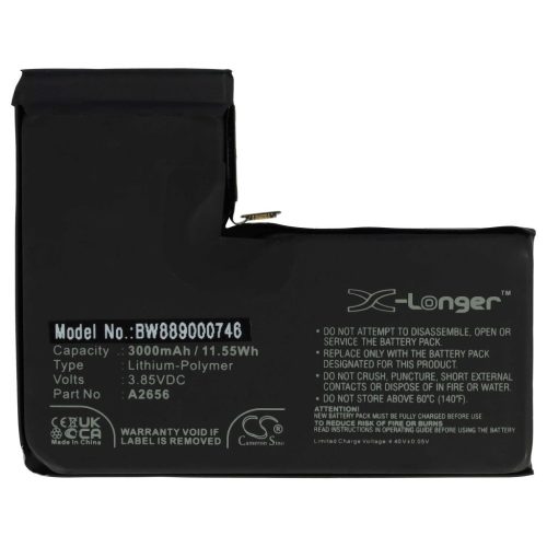 VHBW Mobile Phone Battery for Apple A2656 - 3000 mAh 3.85 V Li-polymer