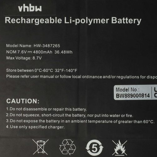 VHBW Notebook akkumulátor Trekstor 3487265P, HW-3487265, TH116A - 4800 mAh 7,6 V Li-polimer