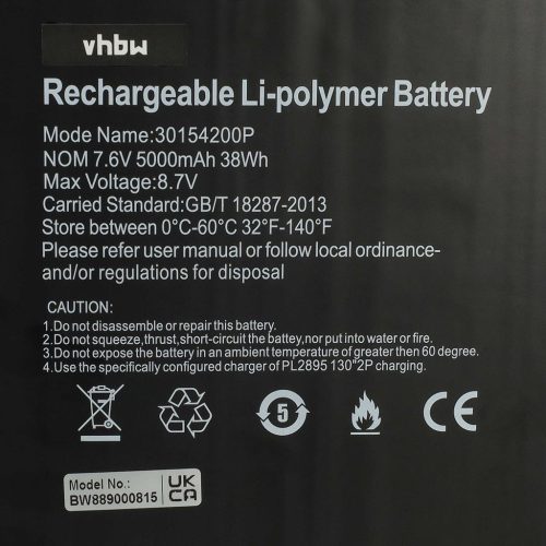 VHBW Notebook akkumulátor  jumper TH133K-MC, HW-3487265 - 5000 mAh 7,6 V Li-polimer