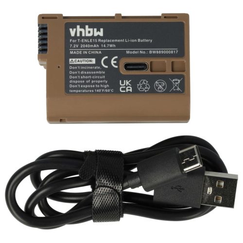 VHBW Nikon EN-EL15, EN-EL15A Akku - 2040 mAh, 7,2 V, Li-Ion mit Informationschip, USB-C-Anschluss