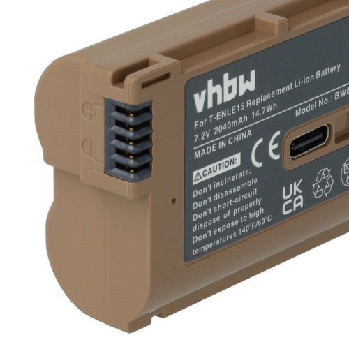 VHBW Nikon EN-EL15, EN-EL15A Akku - 2040 mAh, 7,2 V, Li-Ion mit Informationschip, USB-C-Anschluss