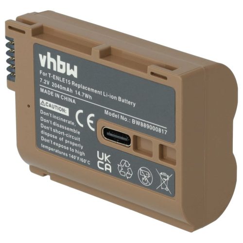 VHBW Nikon EN-EL15, EN-EL15A Akku - 2040 mAh, 7,2 V, Li-Ion mit Informationschip, USB-C-Anschluss