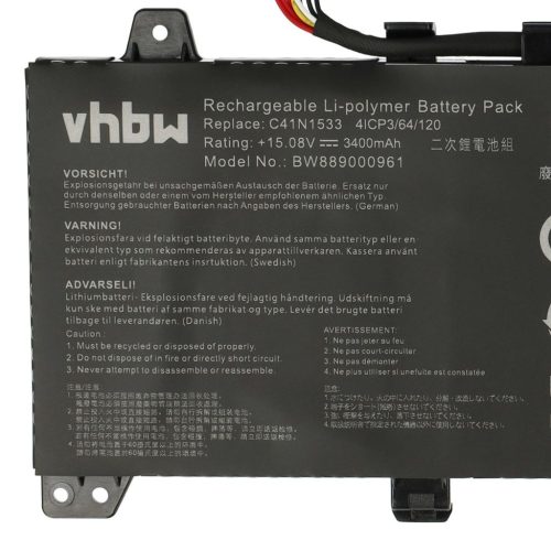 VHBW Notebook Battery Asus C41N1533 (4ICP3/82/120), 0B200-02010200 - 3400 mAh 15.08 V Li-polymer