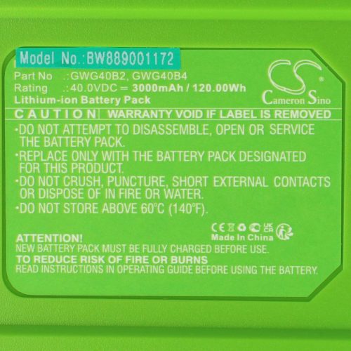 VHBW Greenworks GWG40B2, GWG40B4 Fűnyíró Akkumulátor - 3000 mAh 40 V Li-Ion, Fekete/Zöld