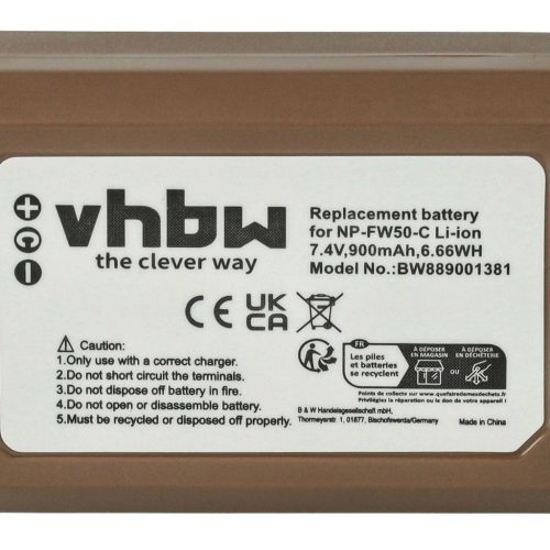 VHBW Sony NP-FW50 akkumulátor - 900 mAh, 7,4 V, Li-Ion információs chippel, USB C aljzattal