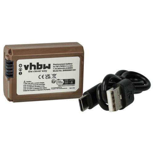 VHBW Sony NP-FW50 akkumulátor - 900 mAh, 7,4 V, Li-Ion információs chippel, USB C aljzattal
