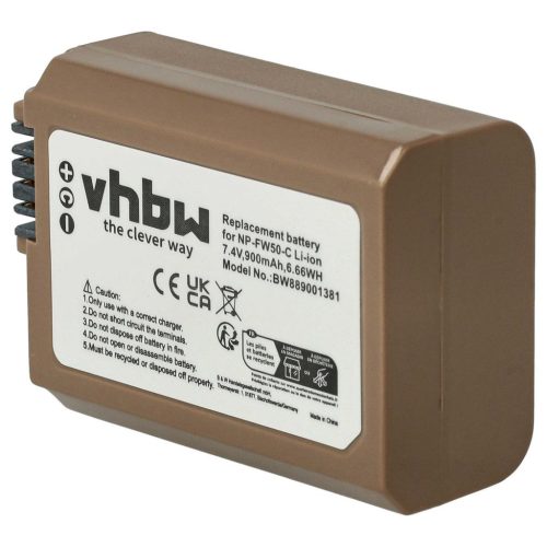 VHBW Sony NP-FW50 akkumulátor - 900 mAh, 7,4 V, Li-Ion információs chippel, USB C aljzattal