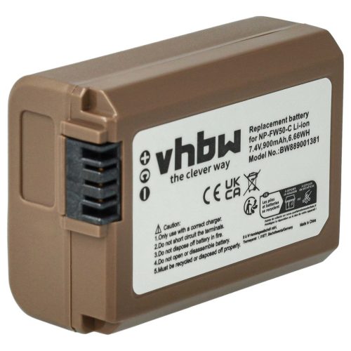 VHBW Sony NP-FW50 akkumulátor - 900 mAh, 7,4 V, Li-Ion információs chippel, USB C aljzattal