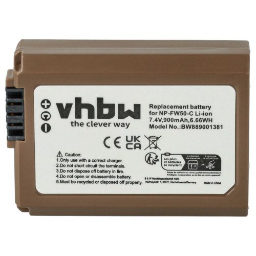 VHBW Sony NP-FW50 akkumulátor - 900 mAh, 7,4 V, Li-Ion információs chippel, USB C aljzattal