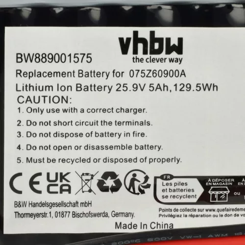 VHBW Ambrogio Lawn Mower Battery 050Z36600A, 050Z38600A, 075Z60900A - 5000 mAh 25.9 V Li-Ion