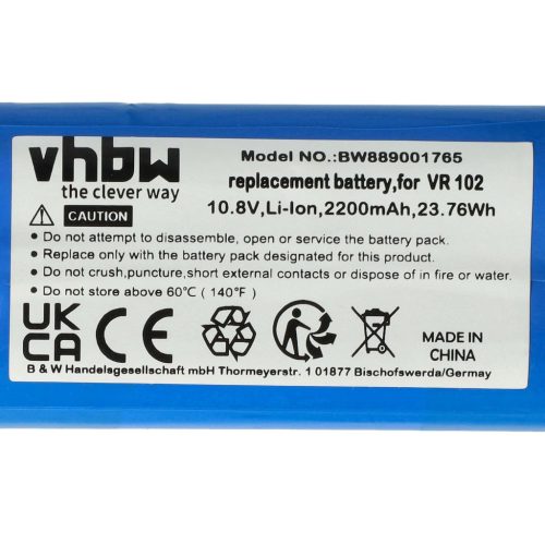 VHBW Battery for Vileda 167129, R9VR102 - 2200 mAh, 10.8 V, Li-Ion