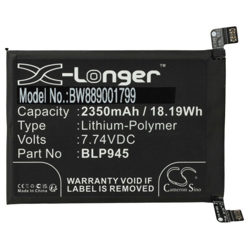 VHBW Mobile Phone Battery for OnePlus BLP945 - 2350 mAh 7.74 V Li-Polymer - Smartphone Battery