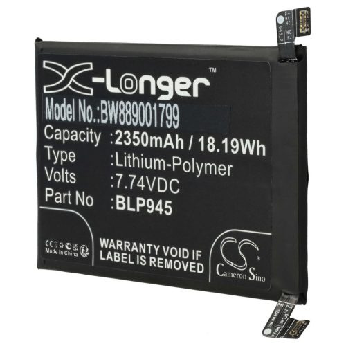 VHBW Mobile Phone Battery for OnePlus BLP945 - 2350 mAh 7.74 V Li-Polymer - Smartphone Battery