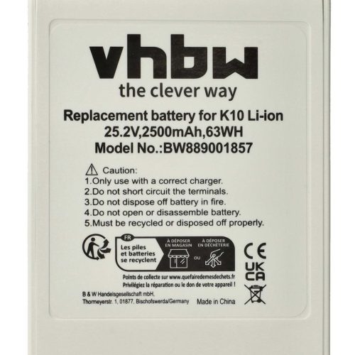 VHBW Battery for Xiaomi PN MJWXCQ04ZM K10 - 2500 mAh, 25.2 V, Li-Ion