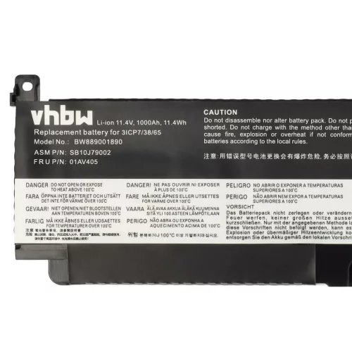VHBW Notebook Battery for Lenovo 01AV406, 01AV405, 01AV407, 01AV462 - 1000 mAh 11.4 V Li-Polymer, Black