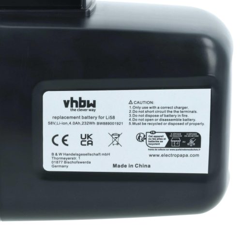 VHBW Power Tool Battery McCulloch 59-09.238.03, 582611701, 590810401 - 4000 mAh 58.0 V Li-Ion