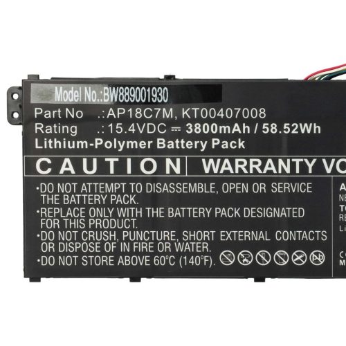 VHBW Notebook akkumulátor  Acer KT00407008, AP18C7M - 3800 mAh 15,4 V Li-polimer, fekete