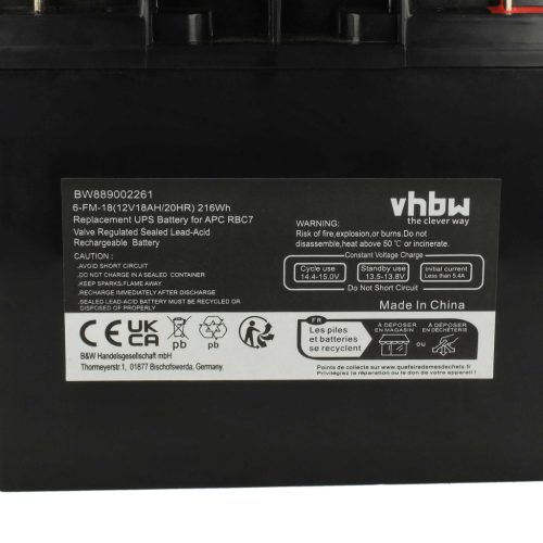 VHBW UPS Akku AP1250, AGM09, RBC7, BT12-18, RBC50 - 18000 mAh 12 V AGM