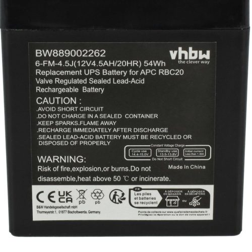 VHBW APC RBC20 UPS Akkumulátor - 2 Egység - 4500 mAh - 12 V - AGM